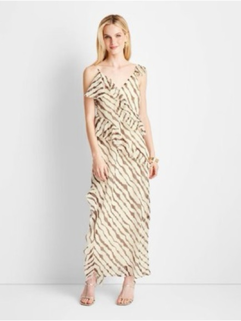 Future Collective Jenny Naylor Zebra Ruffle Maxi Dress Size L One Shoulder